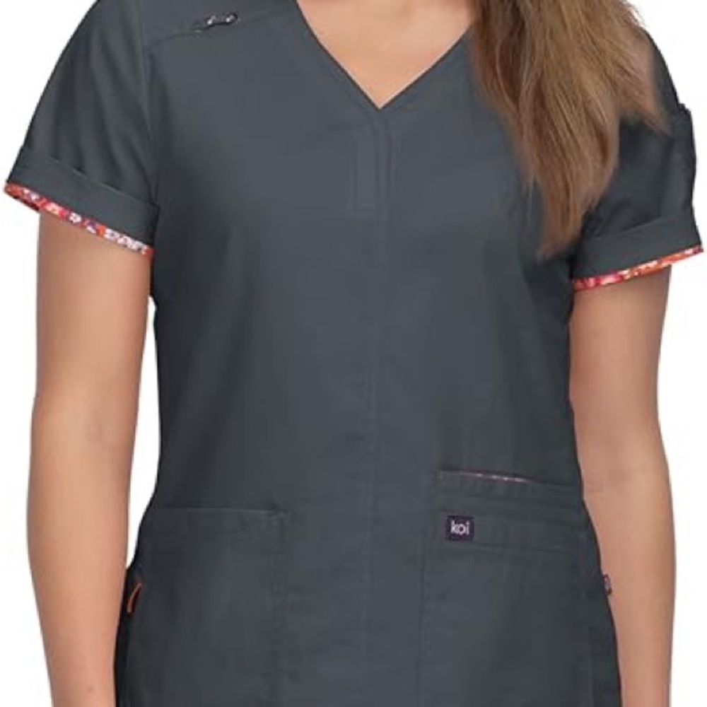 koi Women's V-Neck Scrub Top in Charcoal with Pink Trim
